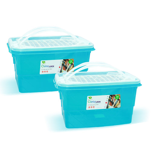 Two turquoise storage boxes with transparent lids