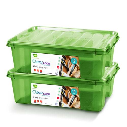 Two large green Clear Lock storage boxes with stackable design, each box with '10Litre' capacity 