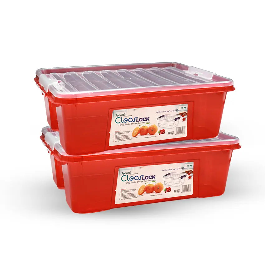Clear Lock Storage Box 2 pc set - Large 10ltr Transparent Red