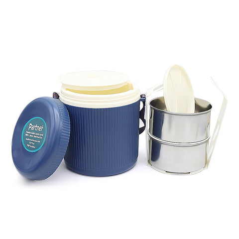 Blue food container with white lid and silver measuring cup on a white background