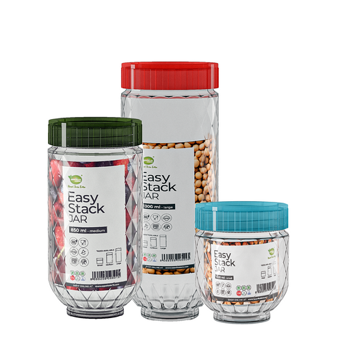Three 'Easy Stack Jar' containers with different colored lids on a white background