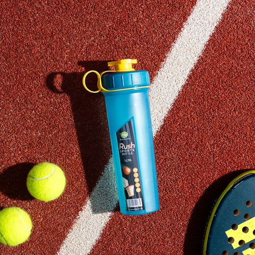 Rush Sports Water Bottle – 800ml & 1L sizes with twist-lock cap, spill-proof spout, and handle. Perfect for padel, cricket, football, gym, and indoor games